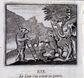 De leeuw gaat ten oorlog. Fabels van Jean de La Fontaine (1621-95). Illustratie door François Chauveau (1613-1676). Editie van 1728.
