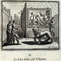 De leeuw neergeschoten door de mens. Fabels van Jean de La Fontaine (1621-95). Illustratie door François Chauveau (1613-1676). Editie van 1728.