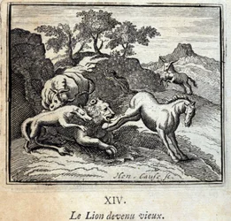 De Leeuw werd oud. Fabels van Jean de La Fontaine. Illustratie door François Chauveau. Editie van 1728.