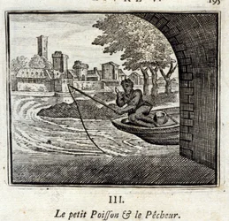 De kleine vis en de visser. Fabels door Jean de La Fontaine (1621-95). Illustratie door François Chauveau (1613-1676). Editie van 1728.