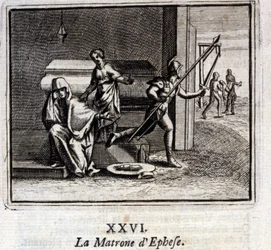 De matrone van Efeze. Fabels door Jean de La Fontaine (1621-95). Illustratie door François Chauveau (1613-1676). Editie van 1728.