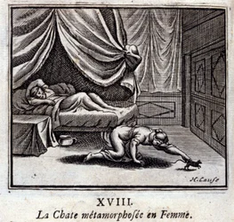 De kat die in een vrouw veranderde. Fabels door Jean de La Fontaine (1621-95). Illustratie door François Chauveau (1613-1676). Editie van 1728.