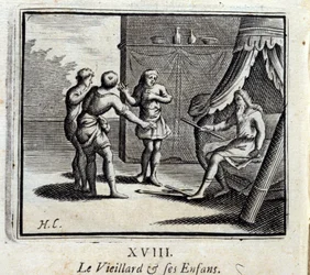 De Oude Man en Zijn Kinderen. Fabels van Jean de La Fontaine. Illustratie door François Chauveau. Editie van 1728.