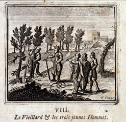 De oude man en de drie jonge mannen. Fabels door Jean de La Fontaine (1621-95). Illustratie door François Chauveau (1613-1676). Editie van 1728.