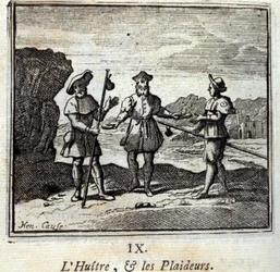 De Oester en de Procespartijen. Fabels van Jean de La Fontaine. Illustratie door François Chauveau. Editie van 1728.