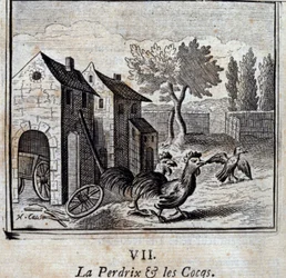 De patrijs en de hanen. Fabels van Jean de La Fontaine (1621-95). Illustratie door François Chauveau (1613-1676). Uitgave van 1728.
