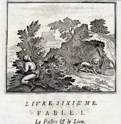 De Patra en de Leeuw. Fabels van Jean de La Fontaine. Illustratie door François Chauveau. Editie van 1728.