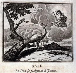 De pauw die bij Juno klaagt. Fabels van Jean de La Fontaine (1621-95). Illustratie van François Chauveau (1613-1676). Uitgave van 1728.