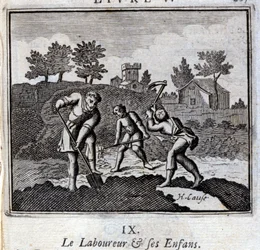 De Huiler en zijn Kinderen. Fabels van Jean de La Fontaine. Illustratie door François Chauveau. Editie van 1728.