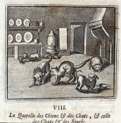 De ruzie van honden en katten, en die van katten en muizen. Fabels van Jean de La Fontaine. Illustratie door François Chauveau. Editie van 1728.