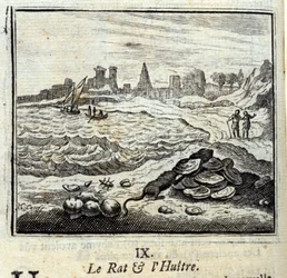 De rat en de oyer. Fabels van Jean de La Fontaine. Illustratie door François Chauveau. Editie van 1728.