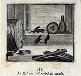 De rat die zich terugtrok uit de wereld. Fabels door Jean de La Fontaine (1621-95). Illustratie door François Chauveau (1613-1676). Editie van 1728.
