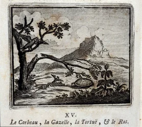 De raaf, de gazelle, de schildpad en de rat. Fabels van Jean de La Fontaine (1621-95). Illustratie van François Chauveau (1613-1676). Uitgave van 1728.