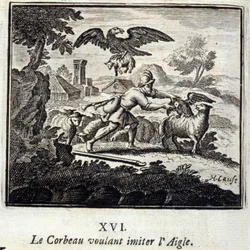 De Raaf die de Adelaar wil imiteren. Fabels van Jean de La Fontaine. Illustratie door François Chauveau. Editie van 1728.