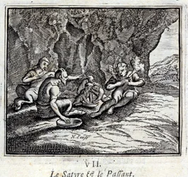 De satyr en de reiziger. Fabels door Jean de La Fontaine (1621-95). Illustratie door François Chauveau (1613-1676). Editie van 1728.