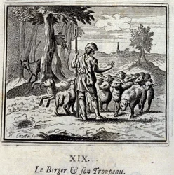 De herder en zijn kudde. Fabels door Jean de La Fontaine (1621-95). Illustratie door François Chauveau (1613-1676). Editie van 1728.