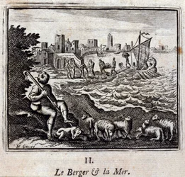 De herder en de zee. Fabels door Jean de La Fontaine (1621-95). Illustratie door François Chauveau (1613-1676). Editie van 1728.