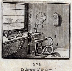 De slang en de linde. Fabels van Jean de La Fontaine (1621-95). Illustratie door François Chauveau (1613-1676). Editie van 1728.