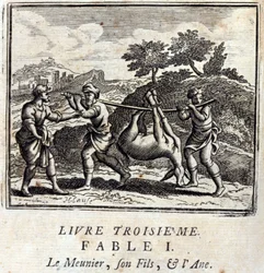 De Zuiger, zijn zoon en de Ezel. Fabels van Jean de La Fontaine. Illustratie door François Chauveau. Editie van 1728.