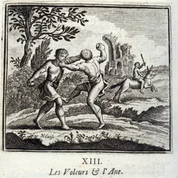 De dieven en de ezel. Fabels door Jean de La Fontaine (1621-95). Illustratie door François Chauveau (1613-1676). Editie van 1728.