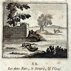 De twee ratten, de vos en het ei. Fabels van Jean de La Fontaine (1621-95). Illustratie door François Chauveau (1613-1676). Uitgave van 1728.