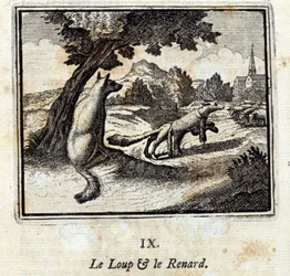 De wolf en de vos. Fabels van Jean de La Fontaine. Illustratie door François Chauveau. Editie van 1728.