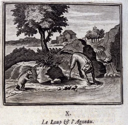 De wolf en het lam. Fabels van Jean de La Fontaine. Illustratie door François Chauveau. Editie van 1728.