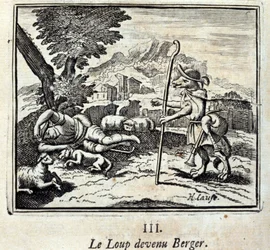 De Wolf werd Berger. Fabels van Jean de La Fontaine. Illustratie door François Chauveau. Editie van 1728.