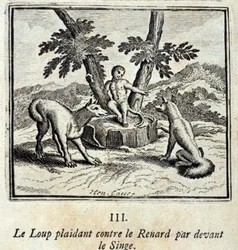 De wolf klaagt tegen de vos voor de aap. Fabels van Jean de La Fontaine (1621-95). Illustratie door François Chauveau (1613-1676). Editie van 1728.