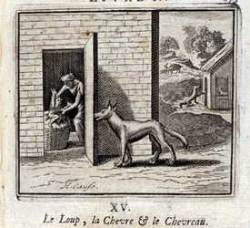 De wolf, de geit en de geit. Fabels van Jean de La Fontaine (1621-95). Illustratie van François Chauveau (1613-1676). Editie van 1728.