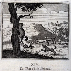 De kat en de vos. Fabels van Jean de La Fontaine. Illustratie door François Chauveau. Editie van 1728.