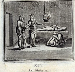 De dokters. Fabels van Jean de La Fontaine. Illustratie door François Chauveau. Editie van 1728.