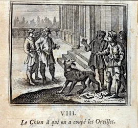 De hond waarvan we zijn oren afsneden. Fabels van Jean de La Fontaine. Illustratie door François Chauveau. Editie van 1728.