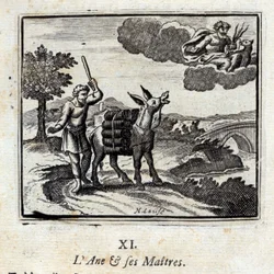 De ezel en zijn meesters. Fabels door Jean de La Fontaine (1621-95). Illustratie door François Chauveau (1613-1676). Editie van 1728.