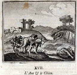 De ezel en de hond. Fabels van Jean de La Fontaine (1621-95). Illustratie door François Chauveau (1613-1676). Uitgave van 1728.