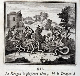 De draak heeft meerdere koppen en de draak heeft meerdere staarten. Fabels van Jean de La Fontaine (1621-95). Illustratie van François Chauveau (1613-1676). Editie van 1728.