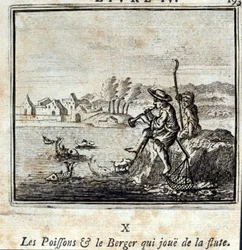 De vis en de herder die de fluit speelt. Fabels van Jean de La Fontaine. Illustratie door François Chauveau. Editie van 1728.
