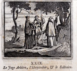 De rechter scheidsrechtert de Hospitaalridder en de Kluizenaar. Fabels door Jean de La Fontaine. Illustratie door François Chauveau. Editie van 1728
