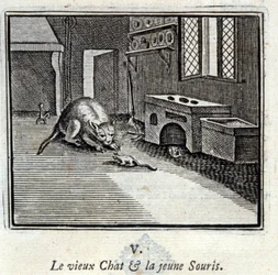 De oude kat en de jonge muis. Fabels van Jean de La Fontaine. Illustratie door François Chauveau. Editie van 1728.