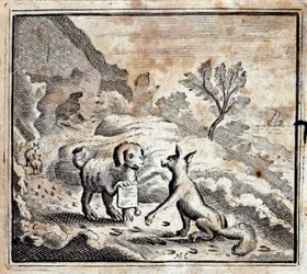 De zieke leeuw en de vos. Fabels door Jean de La Fontaine (1621-95). Illustratie door François Chauveau (1613-1676). Editie van 1728.
