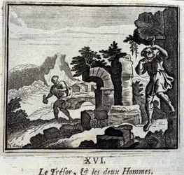 De schat en de twee mannen. Fabels van Jean de La Fontaine (1621-95). Illustratie door François Chauveau (1613-1676). Editie van 1728.