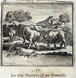 De twee Stieren en een Kikker. Fabels van Jean de La Fontaine. Illustratie door François Chauveau. Editie van 1728.