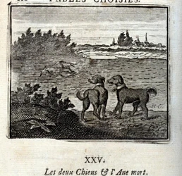 De twee honden en de dode ezel. Fabels door Jean de La Fontaine (1621-95). Illustratie door François Chauveau (1613-1676). Editie van 1728.