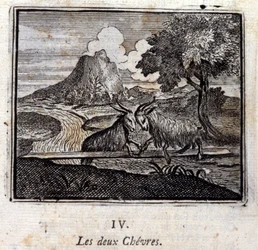 De twee geiten. Fabels door Jean de La Fontaine (1621-95). Illustratie door François Chauveau (1613-1676). Editie van 1728.