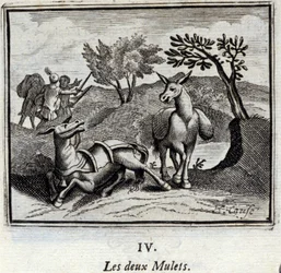 De twee muilezels. Fabels van Jean de La Fontaine. Illustratie door François Chauveau. Editie van 1728.