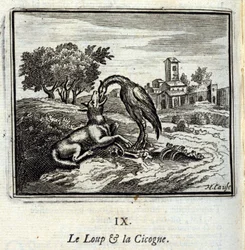De wolf en de ooievaar. Fabels door Jean de La Fontaine (1621-95). Illustratie door François Chauveau (1613-1676). Editie van 1728.