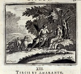 Tircis en Amaranth. Fabels door Jean de La Fontaine (1621-95). Illustratie door François Chauveau (1613-1676). Editie van 1728.