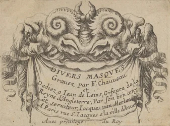 Titelplaat met twee satyrhoofden, uit Divers Masques