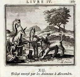 Hulde gebracht door de Dieren aan Alexander. Fabels van Jean de La Fontaine. Illustratie door François Chauveau. Editie van 1728.