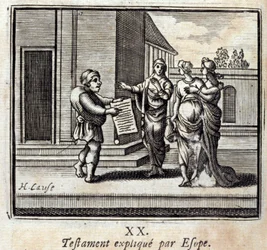 Testament uitgelegd door Esope. Fabels van Jean de La Fontaine (1621-95). Illustratie door François Chauveau (1613-1676). Editie van 1728.